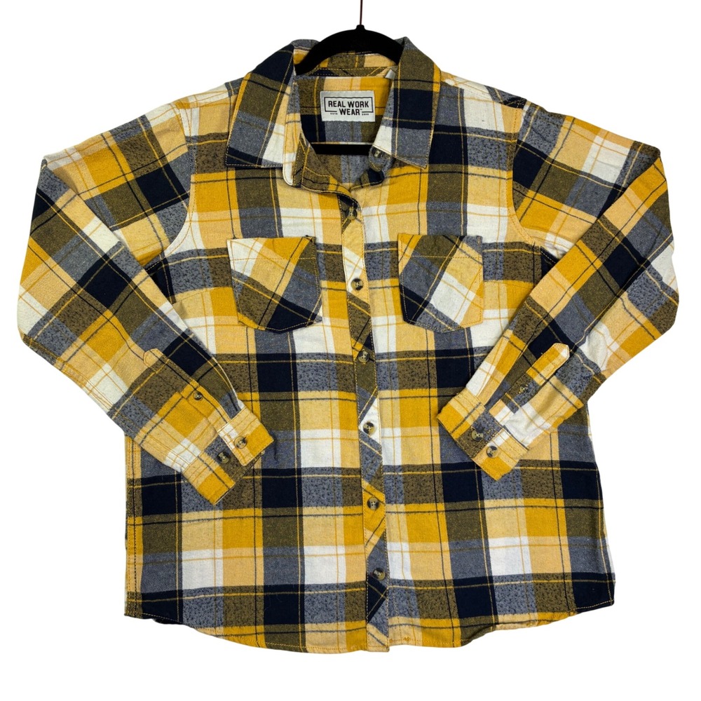 Real Work Wear Mens Yellow Navy Blue Plaid Flannel Button Up Shirt Size M